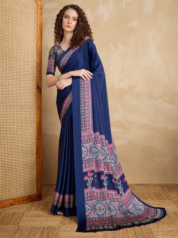 Women's_Satin_Navy_Blue_Printed_Designer_Saree_With_Blouse_Piece