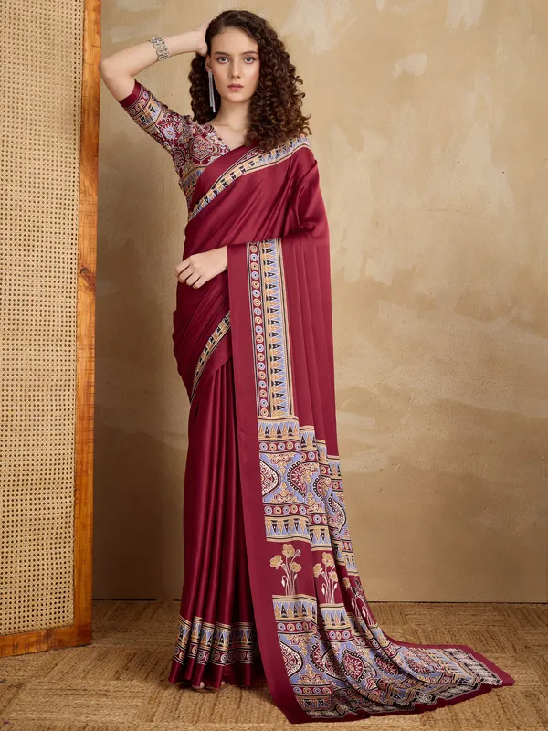 Women's_Satin_Maroon_Printed_Designer_Saree_With_Blouse_Piece
