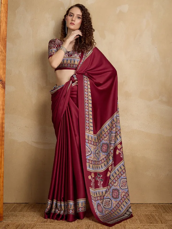 Women's_Satin_Maroon_Printed_Designer_Saree_With_Blouse_Piece