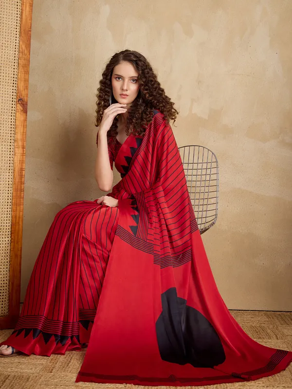 Women's_Satin_Red_Printed_Designer_Saree_With_Blouse_Piece