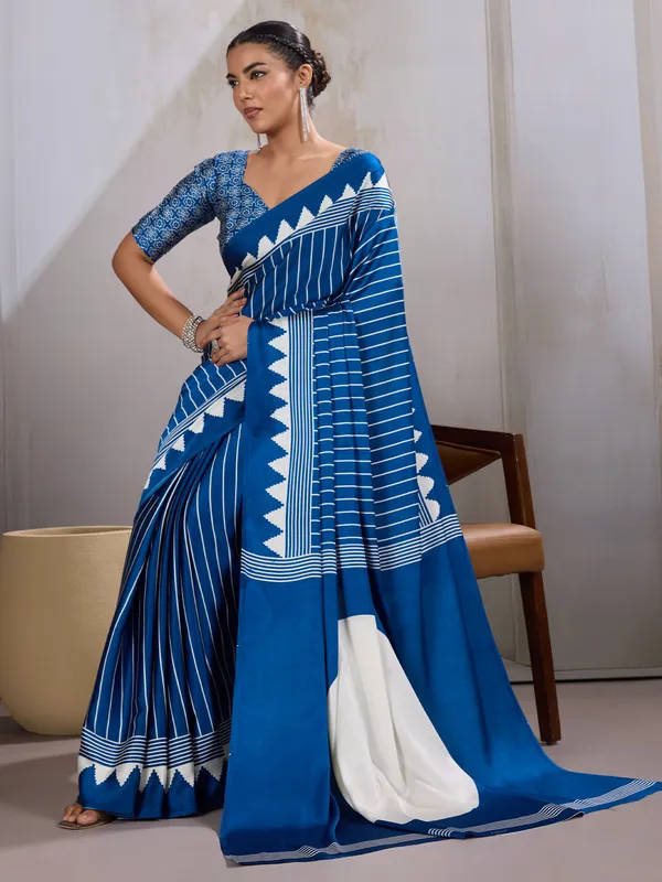 Women's_Satin_Blue_Printed_Designer_Saree_With_Blouse_Piece
