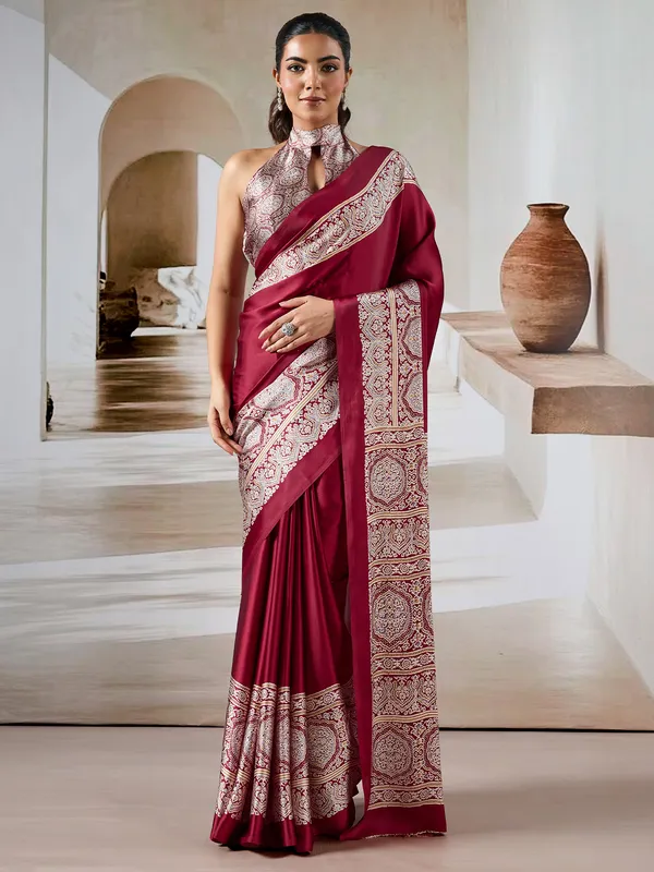 Women's_Satin_Maroon_Printed_Designer_Saree_With_Blouse_Piece