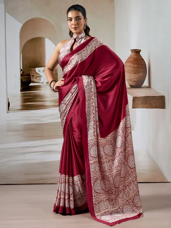 Women's_Satin_Maroon_Printed_Designer_Saree_With_Blouse_Piece