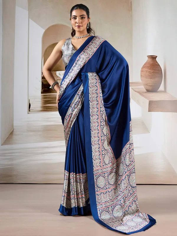 Women's_Satin_Navy_Blue_Printed_Designer_Saree_With_Blouse_Piece