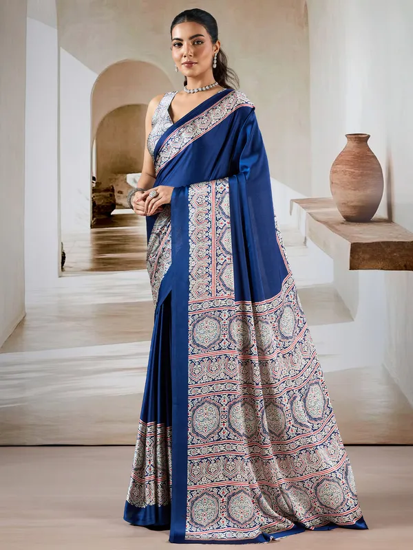 Women's_Satin_Navy_Blue_Printed_Designer_Saree_With_Blouse_Piece