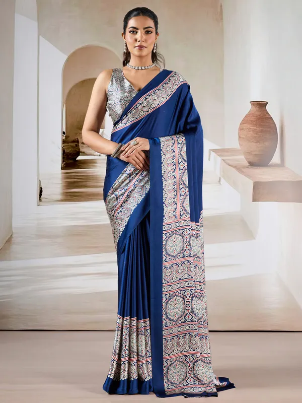 Women's_Satin_Navy_Blue_Printed_Designer_Saree_With_Blouse_Piece