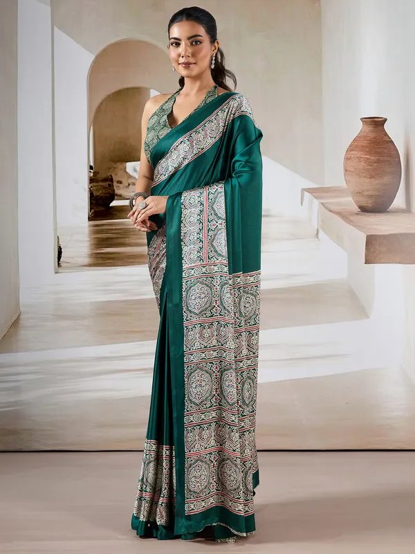Women's_Satin_Teal_green_Printed_Designer_Saree_With_Blouse_Piece