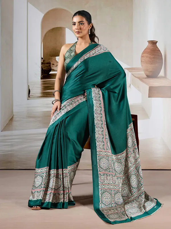 Women's_Satin_Teal_green_Printed_Designer_Saree_With_Blouse_Piece