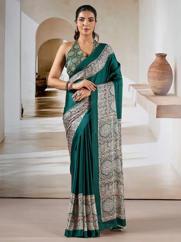 Women's_Satin_Teal_green_Printed_Designer_Saree_With_Blouse_Piece