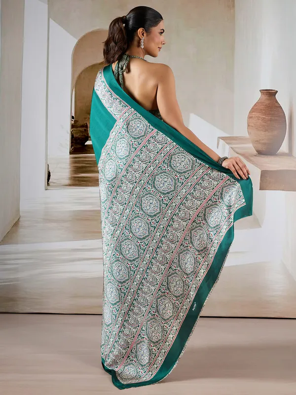 Women's_Satin_Teal_green_Printed_Designer_Saree_With_Blouse_Piece
