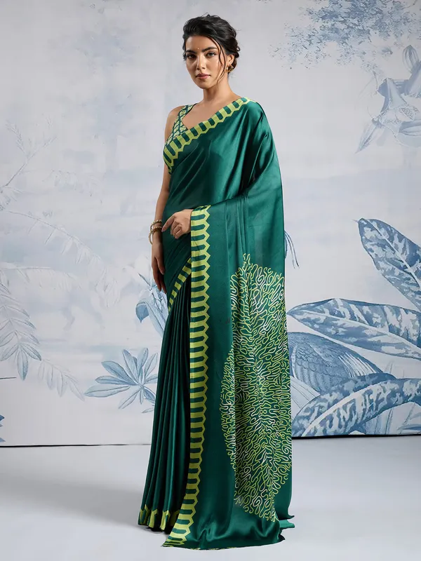 Women's_Satin_Teal_green_Printed_Designer_Saree_With_Blouse_Piece