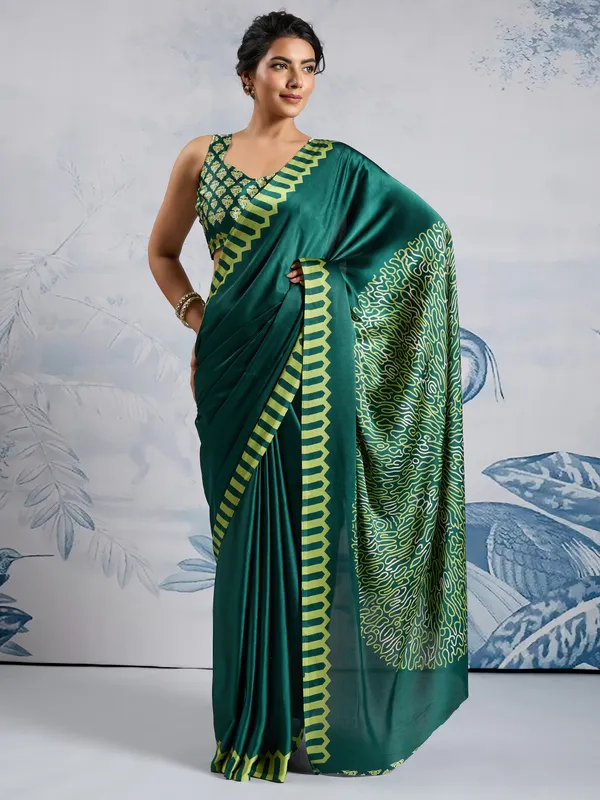 Women's_Satin_Teal_green_Printed_Designer_Saree_With_Blouse_Piece