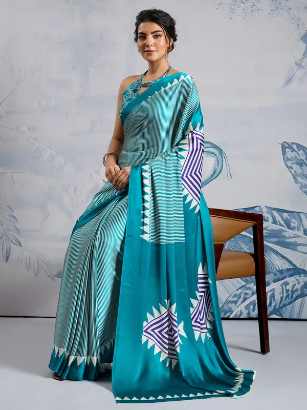 Women's_Satin_Silk_Light_Blue_Printed_Designer_Saree_With_Blouse_Piece