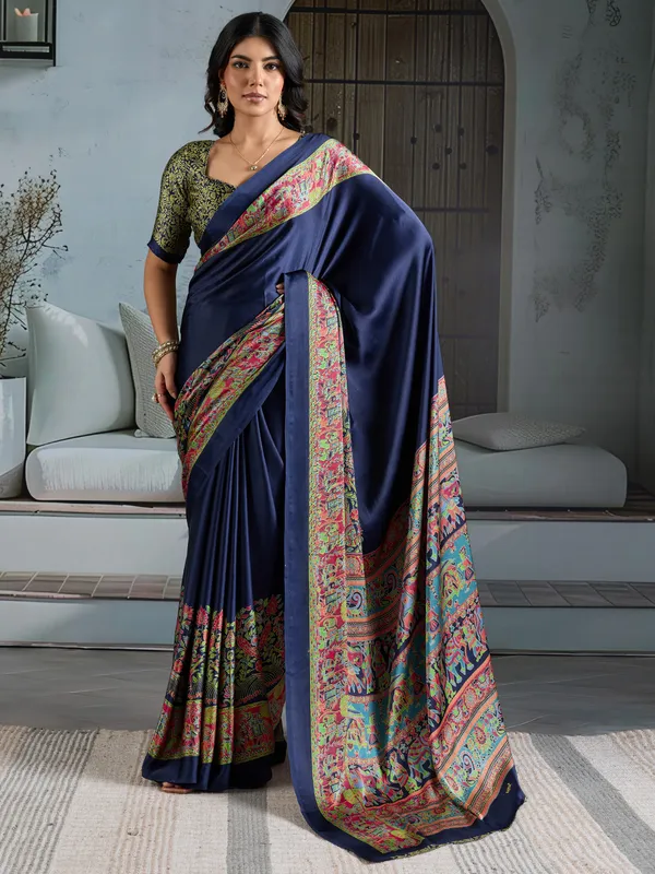 Women's_Satin_Navy_Blue_Printed_Designer_Saree_With_Blouse_Piece
