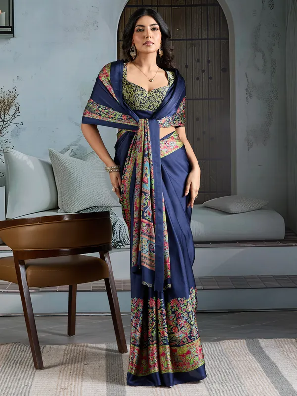 Women's_Satin_Navy_Blue_Printed_Designer_Saree_With_Blouse_Piece