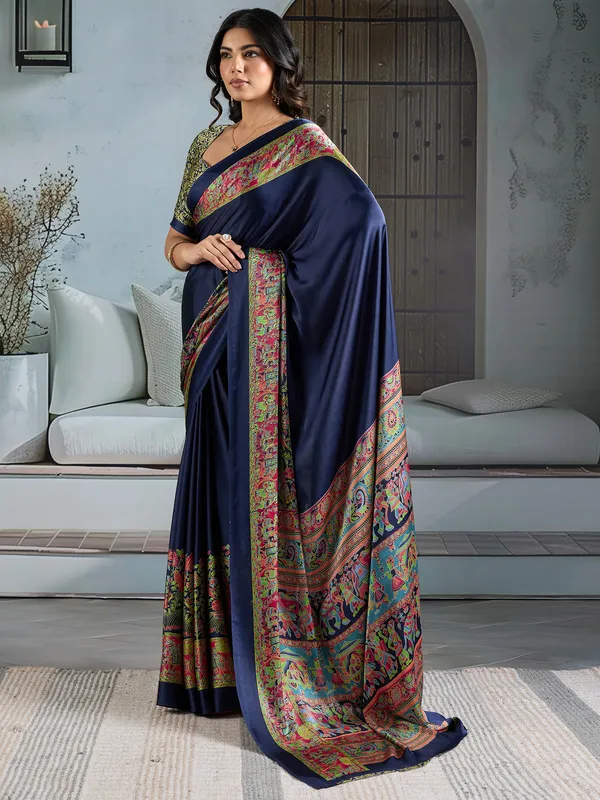 Women's_Satin_Navy_Blue_Printed_Designer_Saree_With_Blouse_Piece