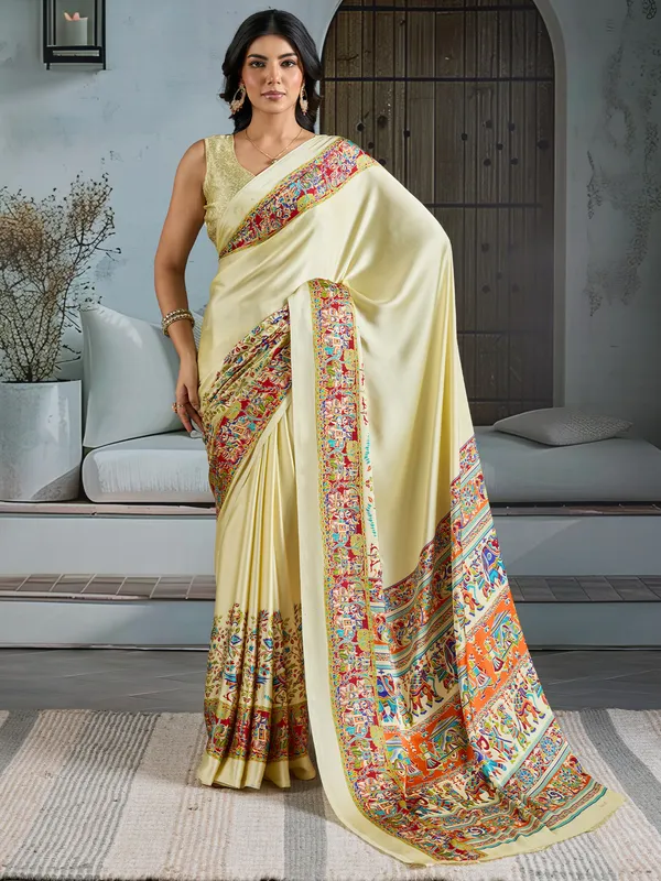Women's_Satin_Cream_Printed_Designer_Saree_With_Blouse_Piece