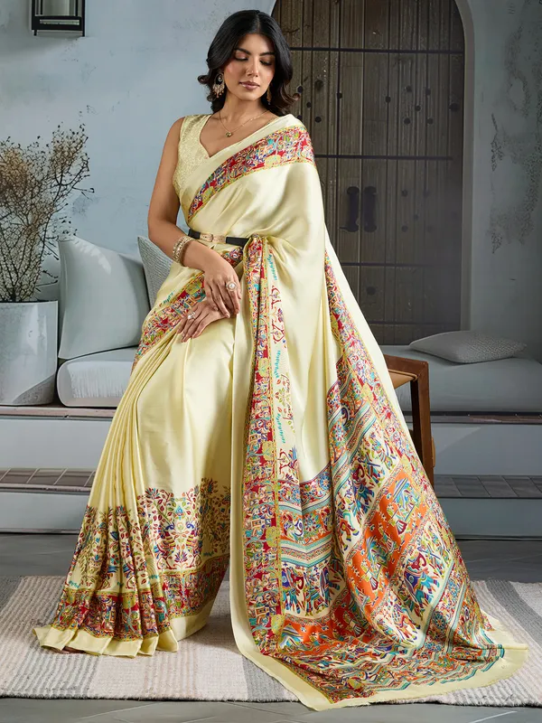 Women's_Satin_Cream_Printed_Designer_Saree_With_Blouse_Piece