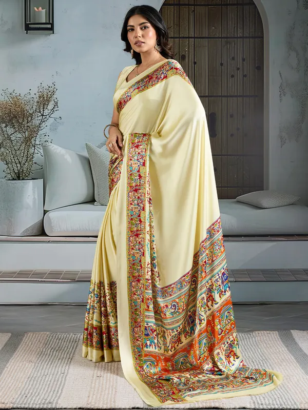 Women's_Satin_Cream_Printed_Designer_Saree_With_Blouse_Piece