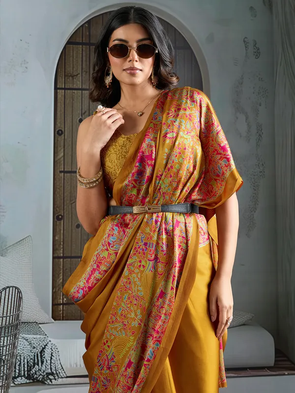 Women's_Satin_Mustard_Printed_Designer_Saree_With_Blouse_Piece