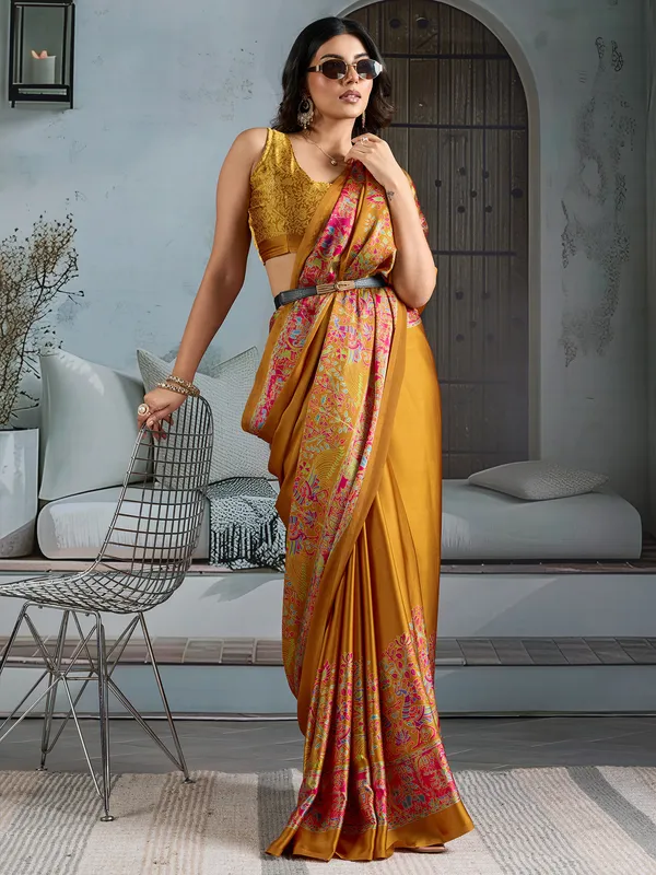 Women's_Satin_Mustard_Printed_Designer_Saree_With_Blouse_Piece