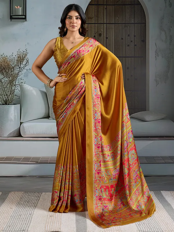 Women's_Satin_Mustard_Printed_Designer_Saree_With_Blouse_Piece