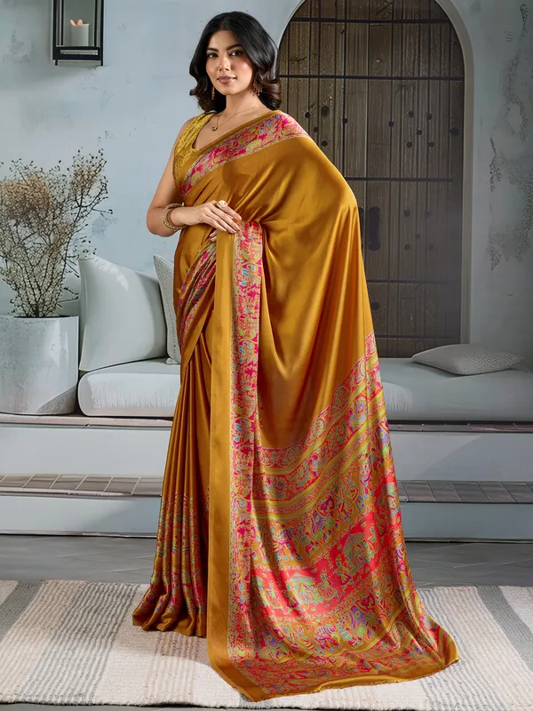Women's_Satin_Mustard_Printed_Designer_Saree_With_Blouse_Piece
