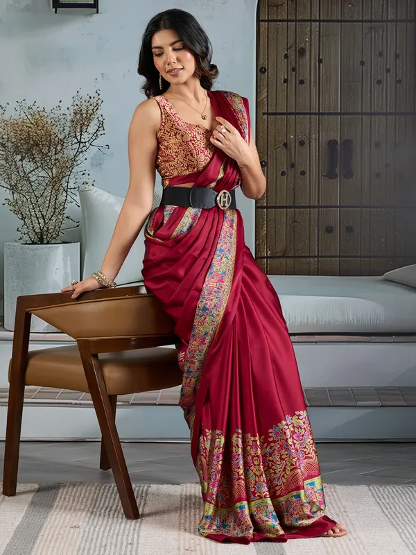 Women's_Satin_Maroon_Printed_Designer_Saree_With_Blouse_Piece