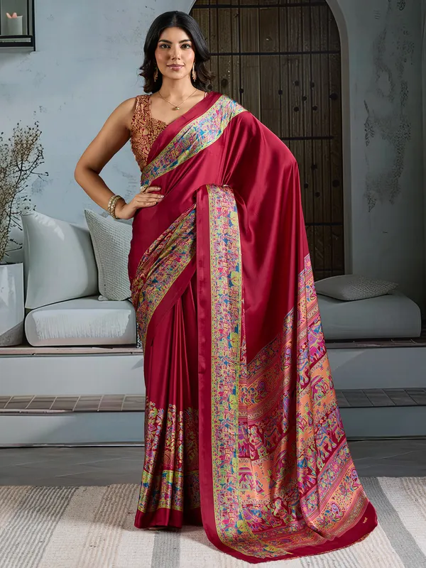 Women's_Satin_Maroon_Printed_Designer_Saree_With_Blouse_Piece