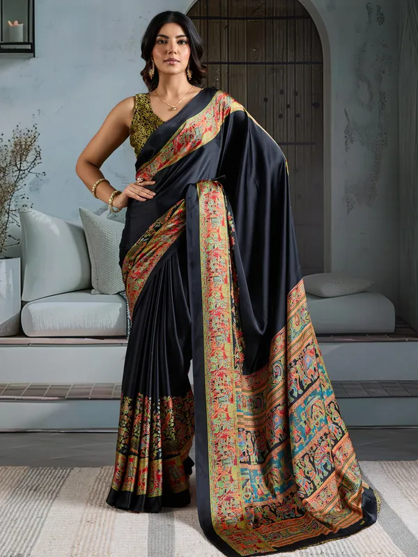 Women's_Satin_Black_Printed_Designer_Saree_With_Blouse_Piece
