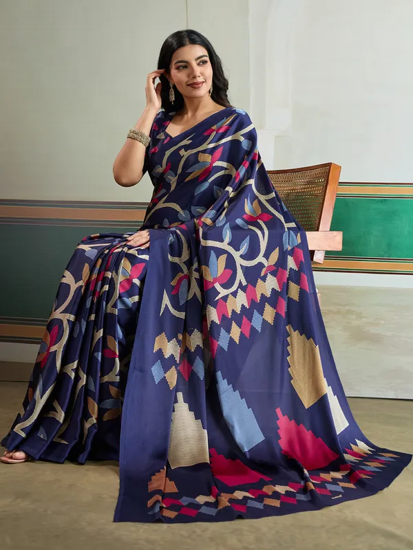 Women's_Pure_Silk_Blue_Printed_Designer_Saree_With_Blouse_Piece
