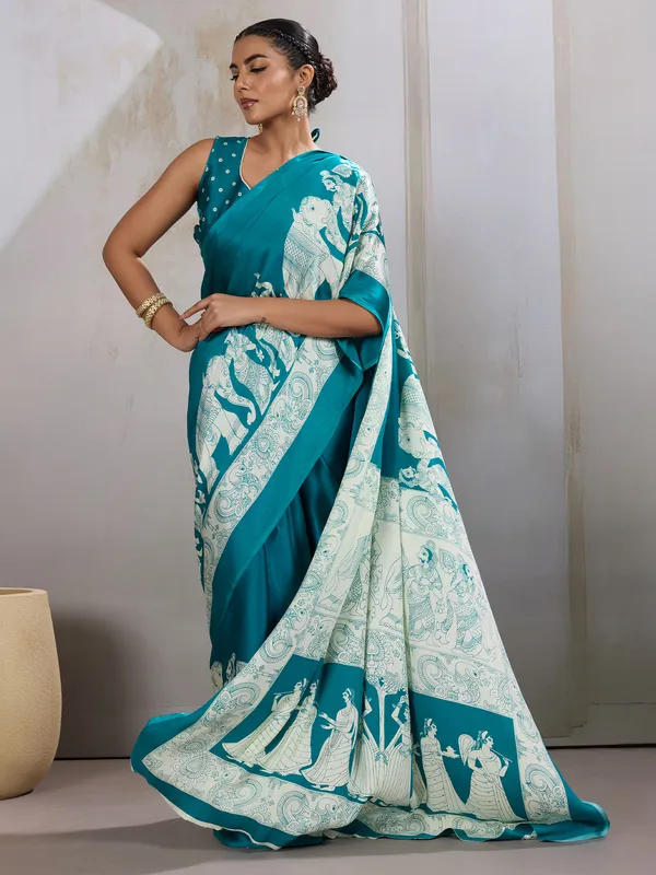 Women's_Satin_Light_Blue_Printed_Designer_Saree_With_Blouse_Piece