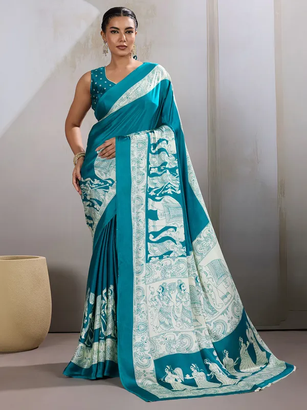 Women's_Satin_Light_Blue_Printed_Designer_Saree_With_Blouse_Piece