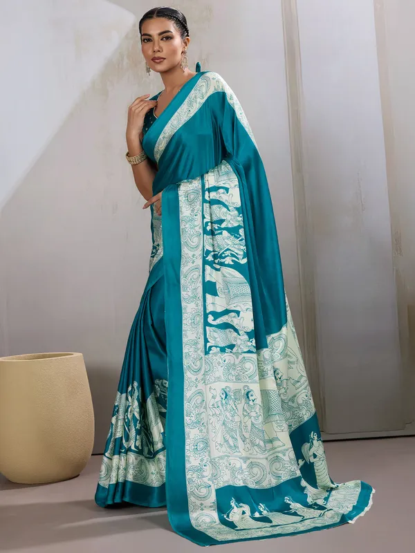 Women's_Satin_Light_Blue_Printed_Designer_Saree_With_Blouse_Piece