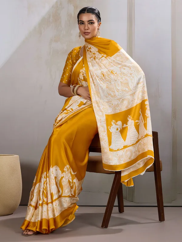 Women's_Satin_Mustard_Printed_Designer_Saree_With_Blouse_Piece