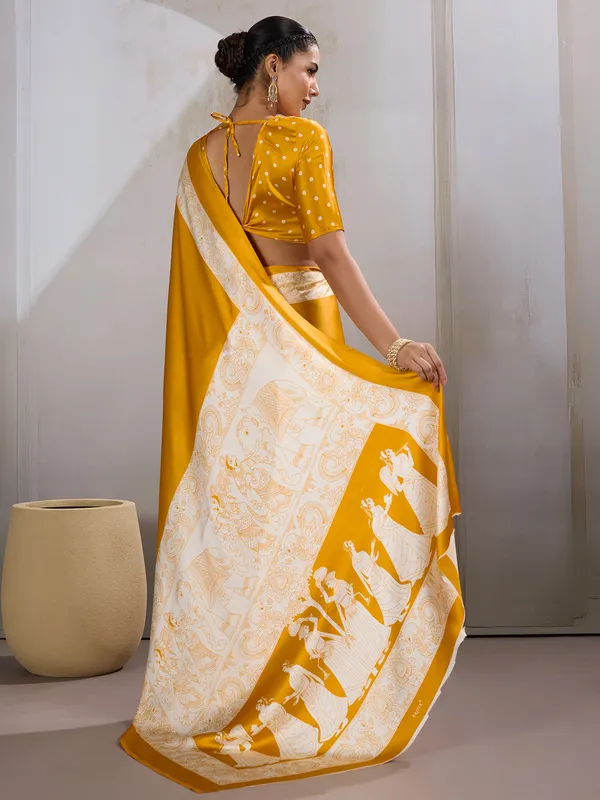 Women's_Satin_Mustard_Printed_Designer_Saree_With_Blouse_Piece
