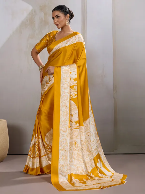 Women's_Satin_Mustard_Printed_Designer_Saree_With_Blouse_Piece