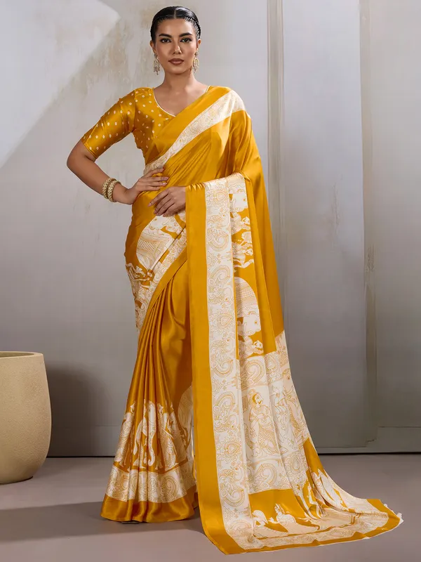 Women's_Satin_Mustard_Printed_Designer_Saree_With_Blouse_Piece