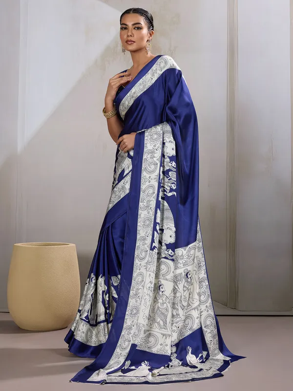 Women's_Satin_Blue_Printed_Designer_Saree_With_Blouse_Piece