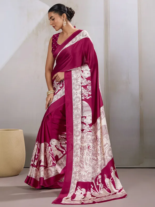 Women's_Satin_Burgundy_Printed_Designer_Saree_With_Blouse_Piece