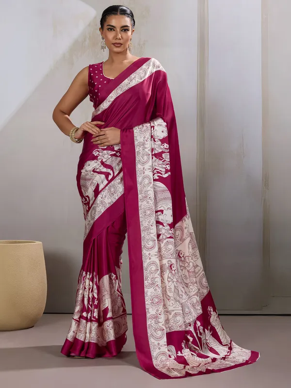 Women's_Satin_Burgundy_Printed_Designer_Saree_With_Blouse_Piece
