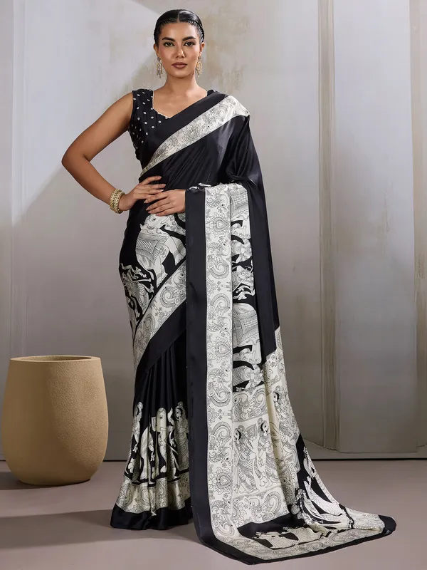 Women's_Satin_Black_Printed_Designer_Saree_With_Blouse_Piece