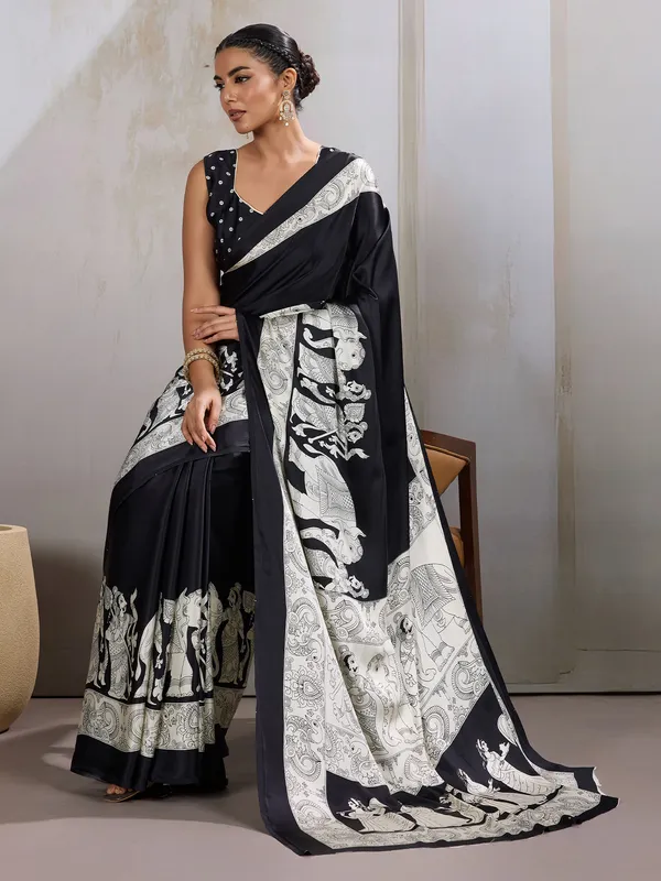 Women's_Satin_Black_Printed_Designer_Saree_With_Blouse_Piece