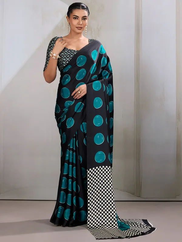 Women's_Satin_Teal_blue_Printed_Designer_Saree_With_Blouse_Piece