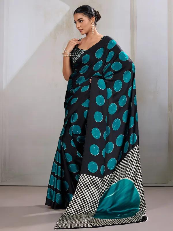 Women's_Satin_Teal_blue_Printed_Designer_Saree_With_Blouse_Piece