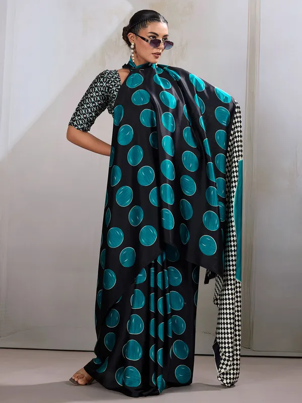 Women's_Satin_Teal_blue_Printed_Designer_Saree_With_Blouse_Piece