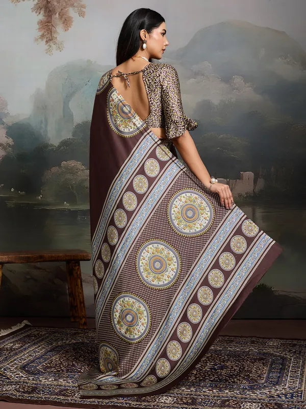 Women's_Satin_Dark_Brown_Printed_Designer_Saree_With_Blouse_Piece
