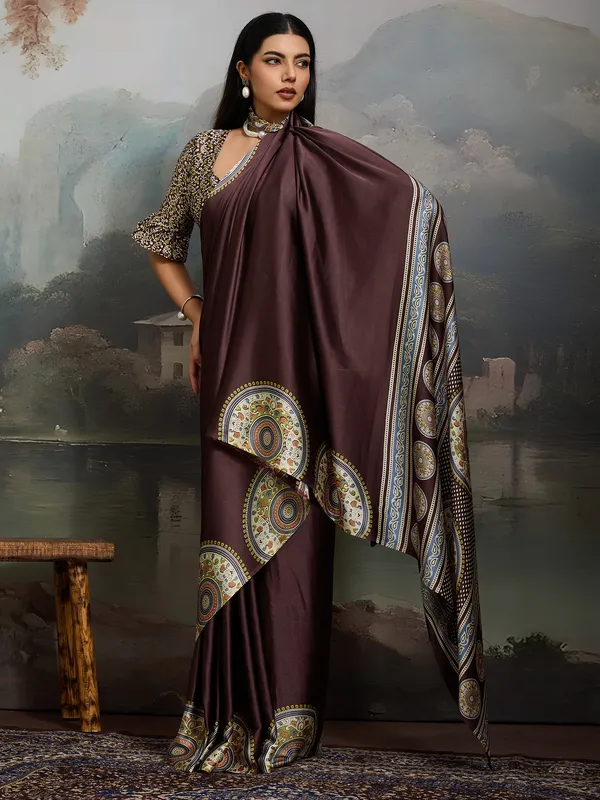 Women's_Satin_Dark_Brown_Printed_Designer_Saree_With_Blouse_Piece