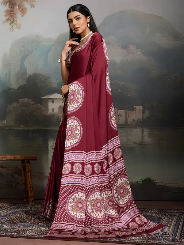 Women's_Satin_Burgundy_Printed_Designer_Saree_With_Blouse_Piece