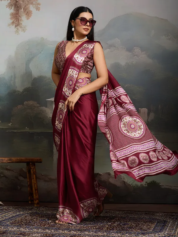 Women's_Satin_Burgundy_Printed_Designer_Saree_With_Blouse_Piece